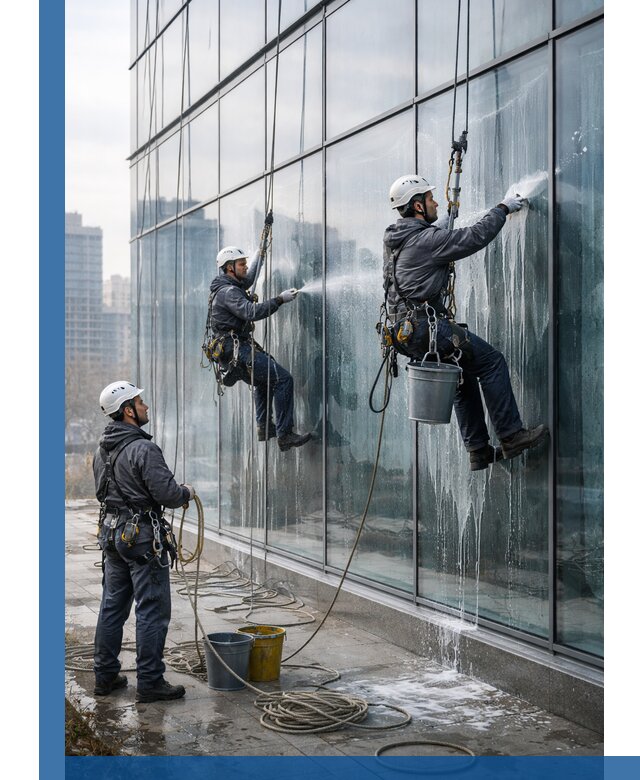 Промышленная мойка панорамных окон на высоте в Ломоносове