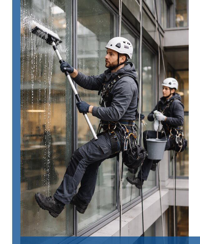 Профессиональная мойка витражей промышленными альпинистами в Ломоносове