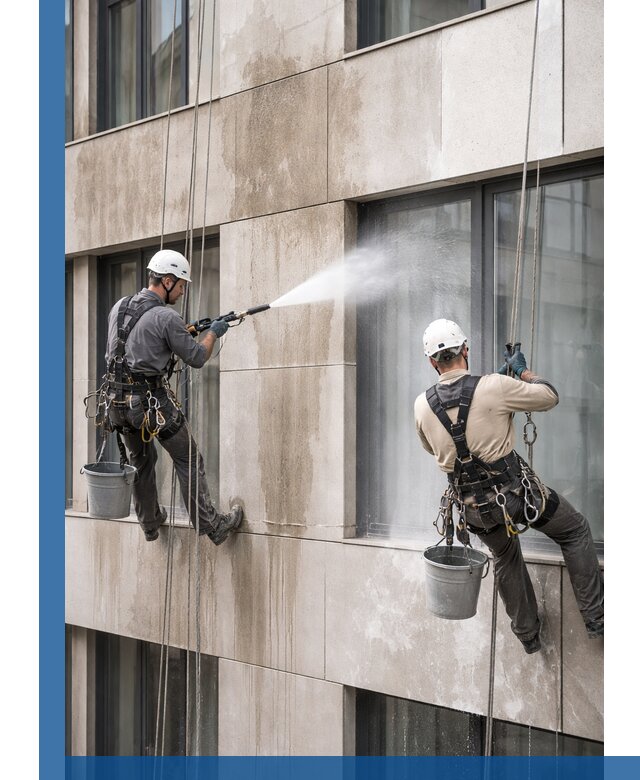 Послестроительная мойка фасада промышленным альпинизмом в Ломоносове