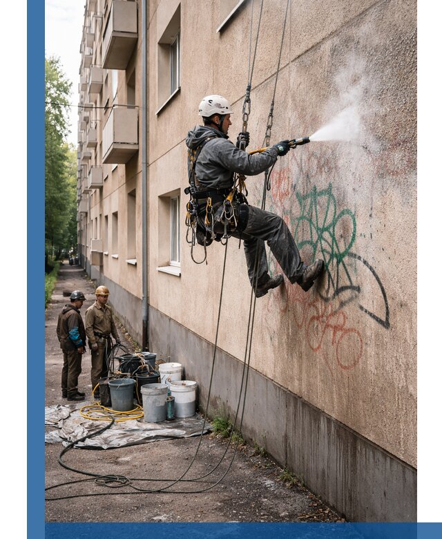 Удаление граффити с фасада в Ломоносове без следов и повреждений