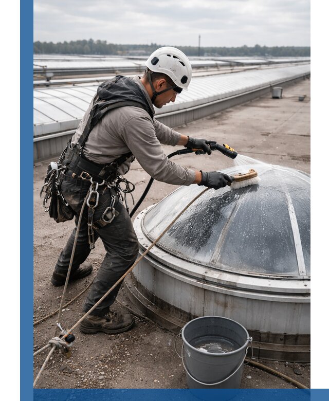 Мойка зенитных фонарей на кровле для промышленных объектов в Ломоносове