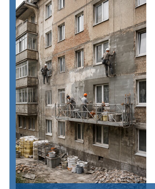 Капитальный ремонт фасада в Ломоносове с восстановлением и гидроизоляцией