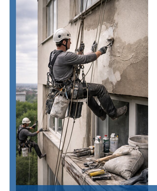 Косметический ремонт фасада зданий в Ломоносове промышленными альпинистами