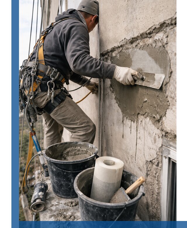 Ремонт бетонных элементов фасада промышленными альпинистами в Ломоносове