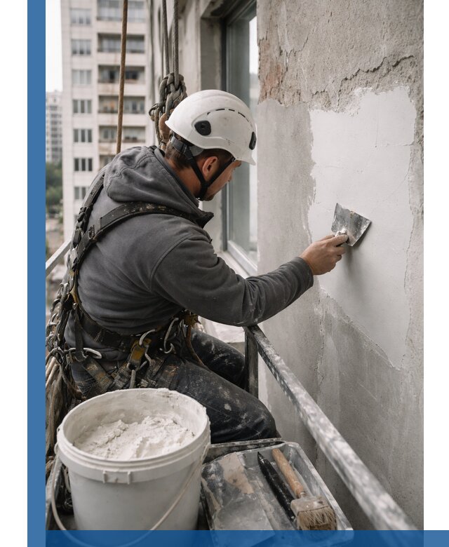 Шпаклевка фасадов на высоте с промальпинистами в Ломоносове