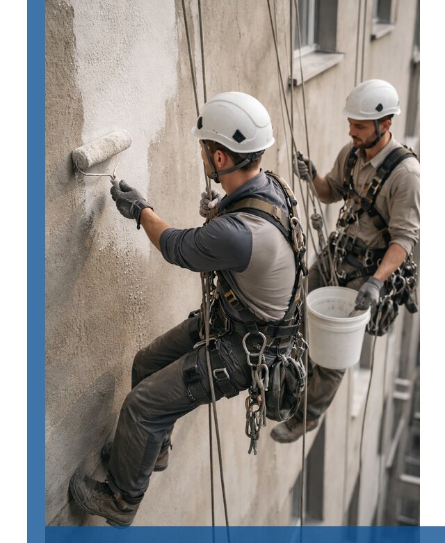 Грунтовка фасада на высоте в Ломоносове промышленными альпинистами