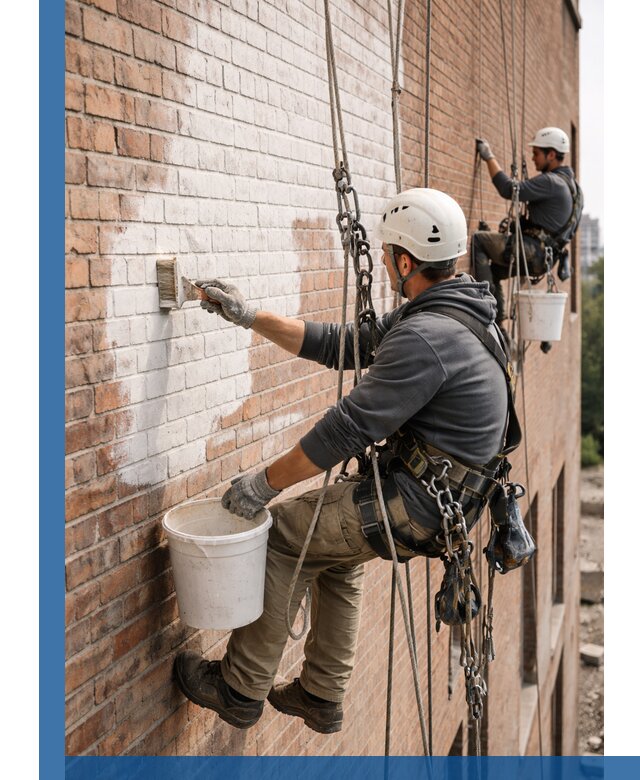 Покраска кирпичного фасада с доступным альпинистским сервисом в Ломоносове