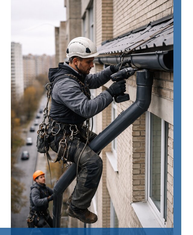 Монтаж водосточной системы на здании в Ломоносове от 5123 р. | ВЫСОТНИК-Лмн