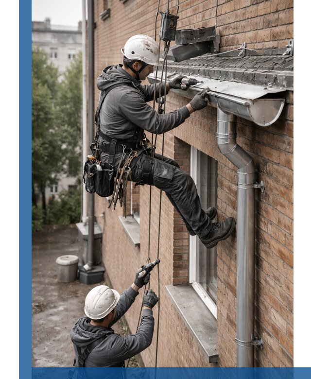 Монтаж водосточной системы на здании в Ломоносове под ключ