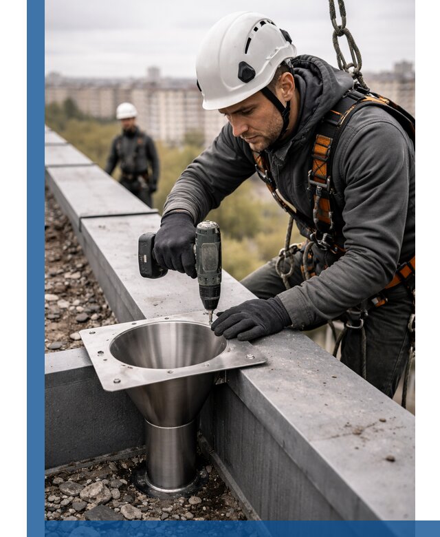 Монтаж водосточных воронок в Ломоносове для промышленных зданий