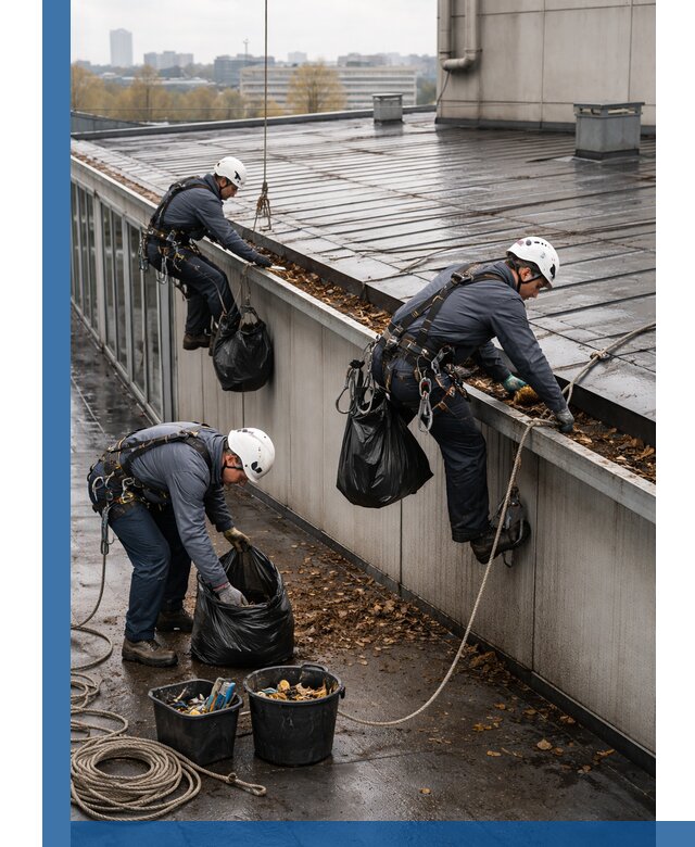 Очистка кровли по периметру в Ломоносове силами промышленных альпинистов