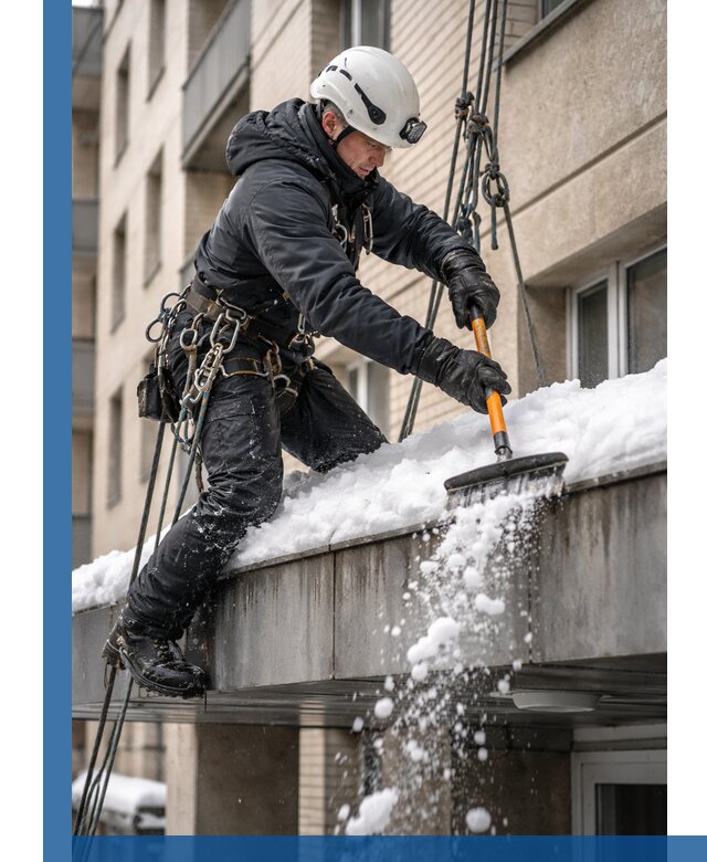 Очистка козырьков от снега в Ломоносове круглогодично безопасно