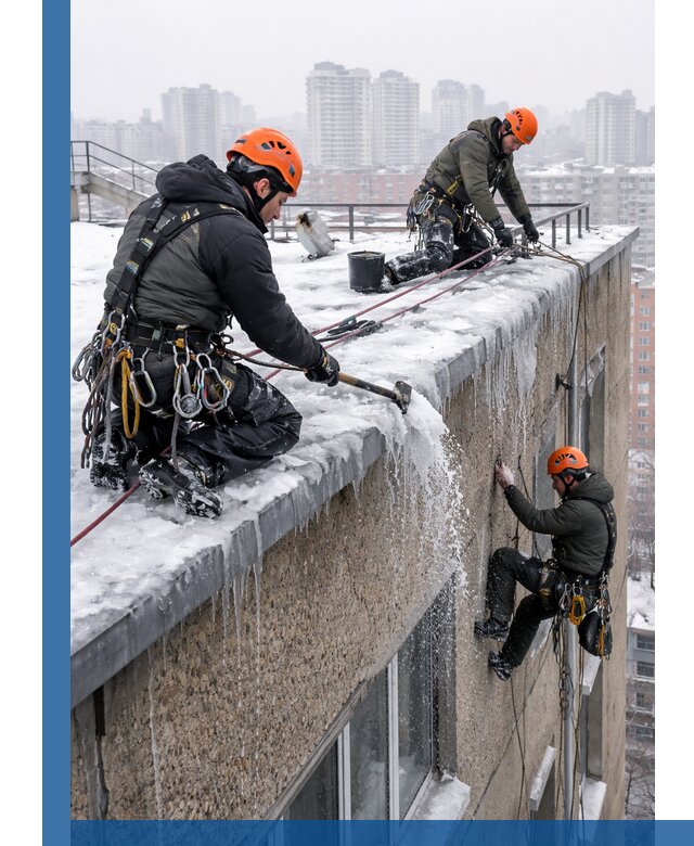 Удаление наледи с кровли в Ломоносове промышленными альпинистами