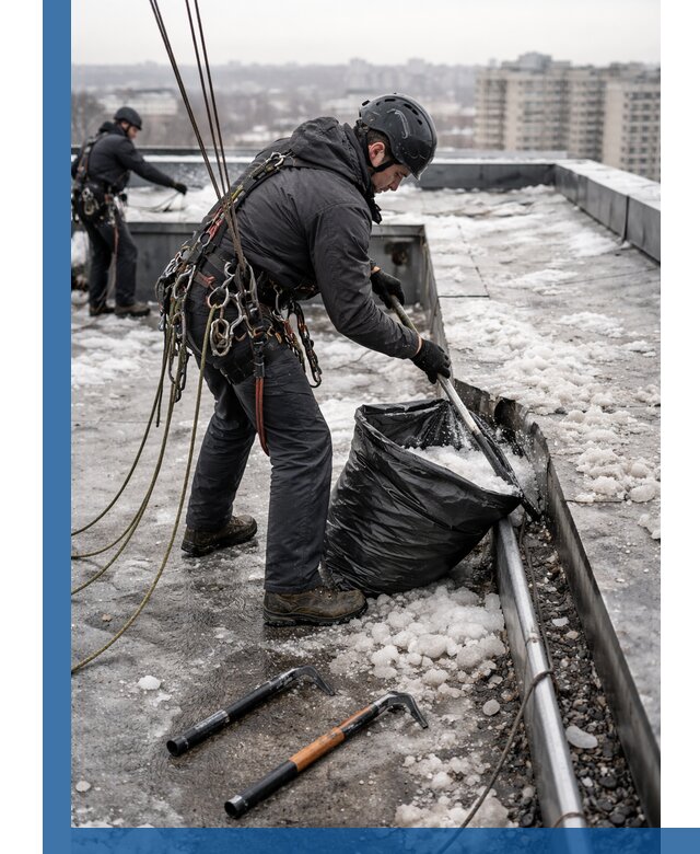Аварийная очистка кровли в Ломоносове от промальпинистов
