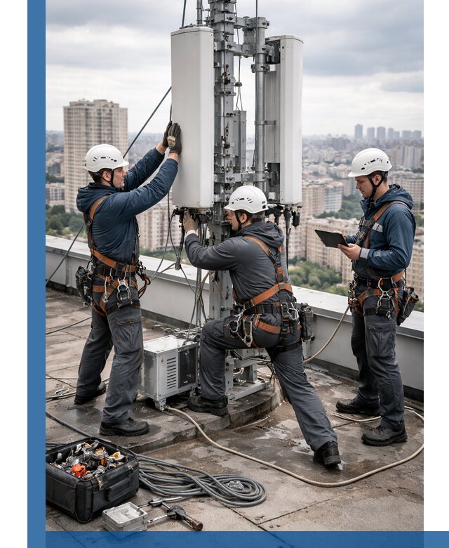 Монтаж антенн связи на крыше в Ломоносове с вводом в эксплуатацию