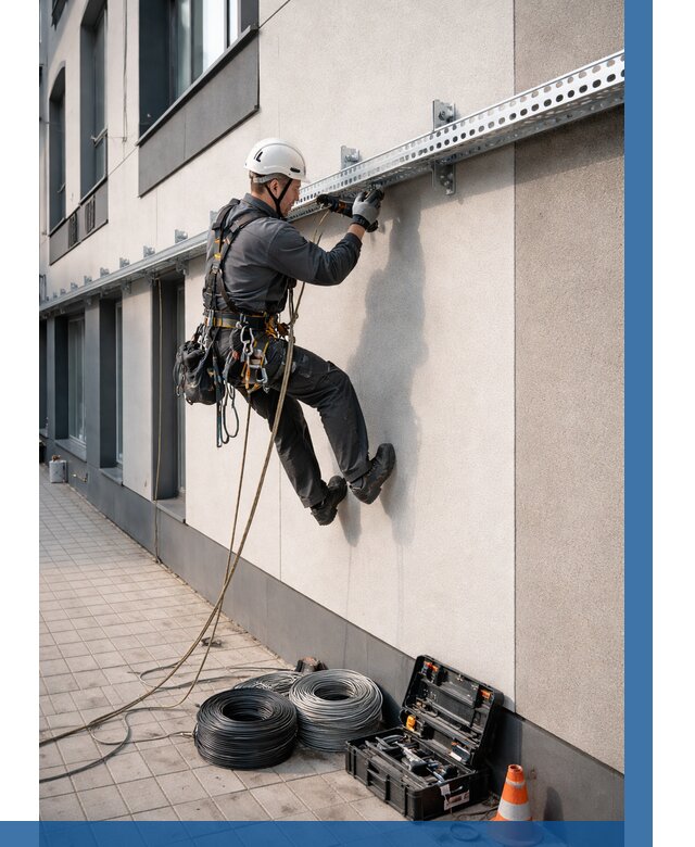 Монтаж кабельных лотков на фасаде в Ломоносове от 1229 р. | ВЫСОТНИК-Лмн