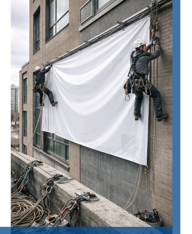 Монтаж баннеров на фасаде в Ломоносове от 666 р. заказать ВЫСОТНИК-Лмн