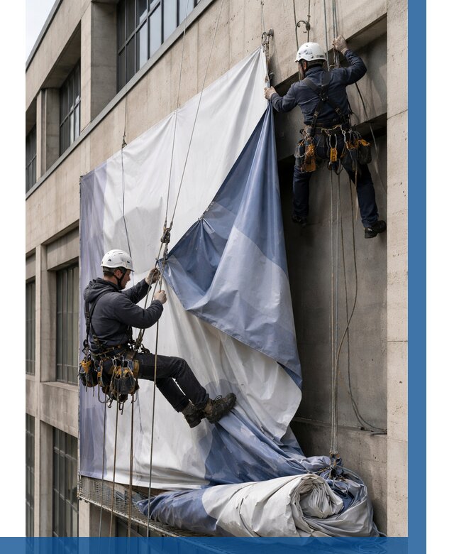 Демонтаж баннеров с фасада в Ломоносове от 4610 р. | ВЫСОТНИК-Лмн