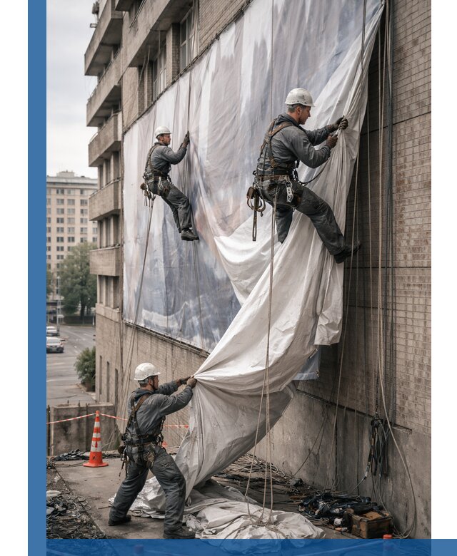Демонтаж баннеров с фасада в Ломоносове оперативно и безопасно