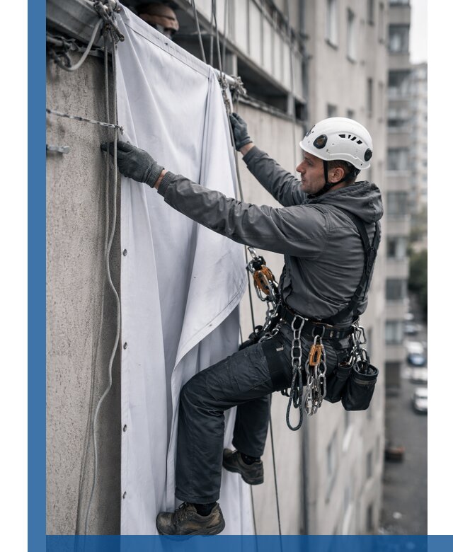 Замена баннерного полотна промышленными альпинистами в Ломоносове