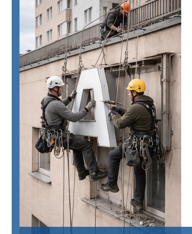 Ремонт и восстановление наружных вывесок на высоте в Ломоносове