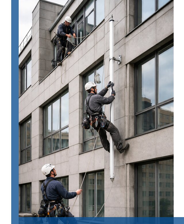 Монтаж флагштока на фасаде здания с креплением и герметикой в Ломоносове