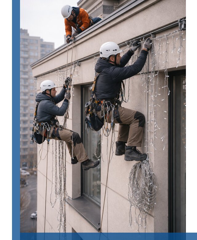 Монтаж праздничных гирлянд на фасаде в Ломоносове для зданий