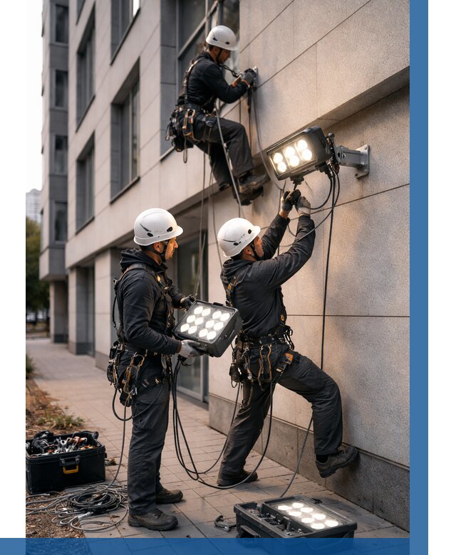 Монтаж прожекторов на фасаде в Ломоносове от 7684 р. | ВЫСОТНИК-Лмн
