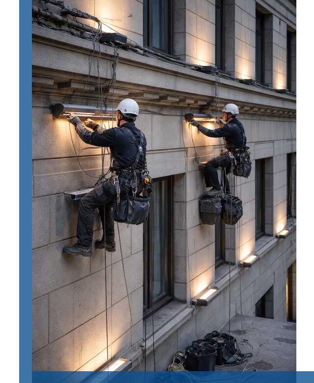 Монтаж архитектурной подсветки фасадов зданий в Ломоносове