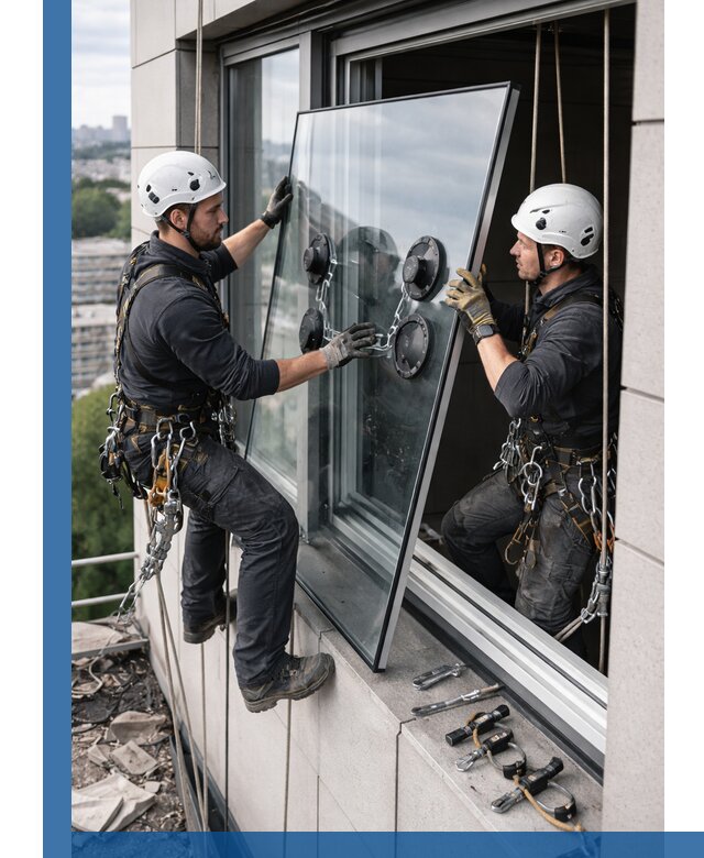 Замена стеклопакетов на высоте с промышленными альпинистами в Ломоносове