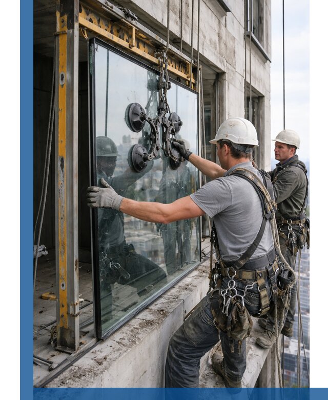 Монтаж стеклопакетов на высоте в Ломоносове с промышленным альпинизмом