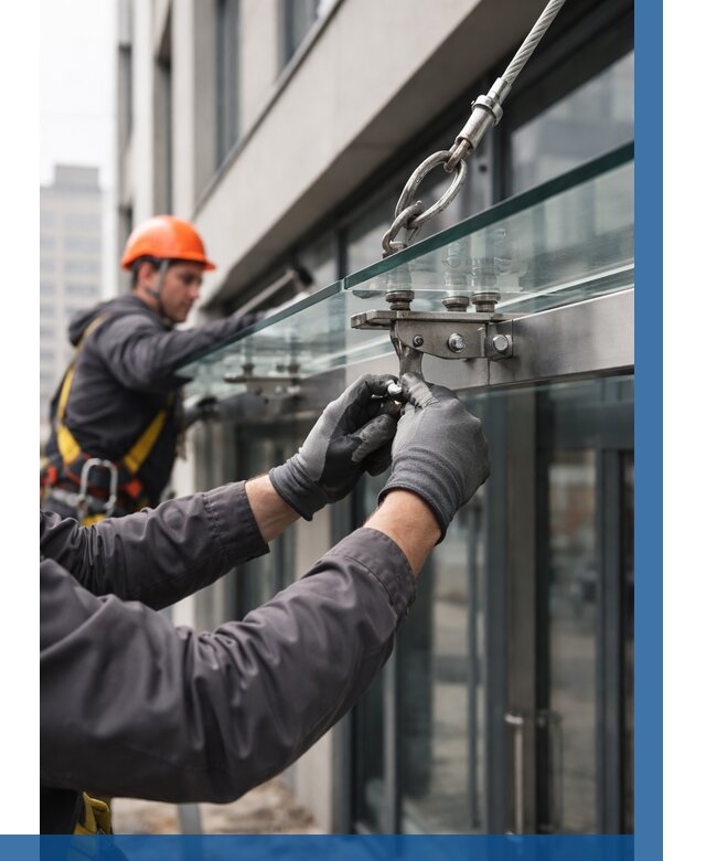 Монтаж стеклянных козырьков в Ломоносове от 8708 р. | ВЫСОТНИК-Лмн