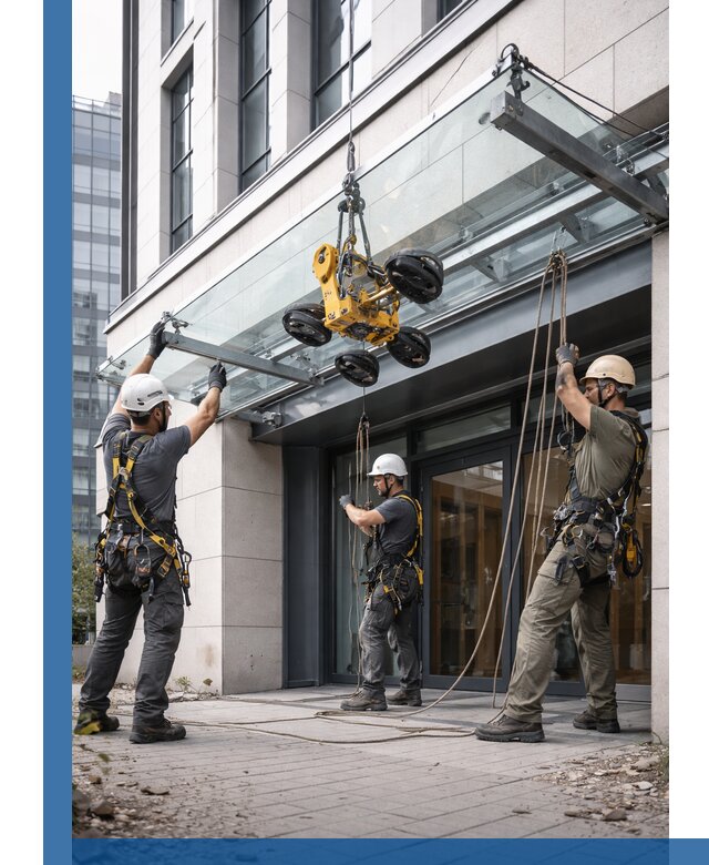 Монтаж стеклянных козырьков под ключ в Ломоносове для зданий