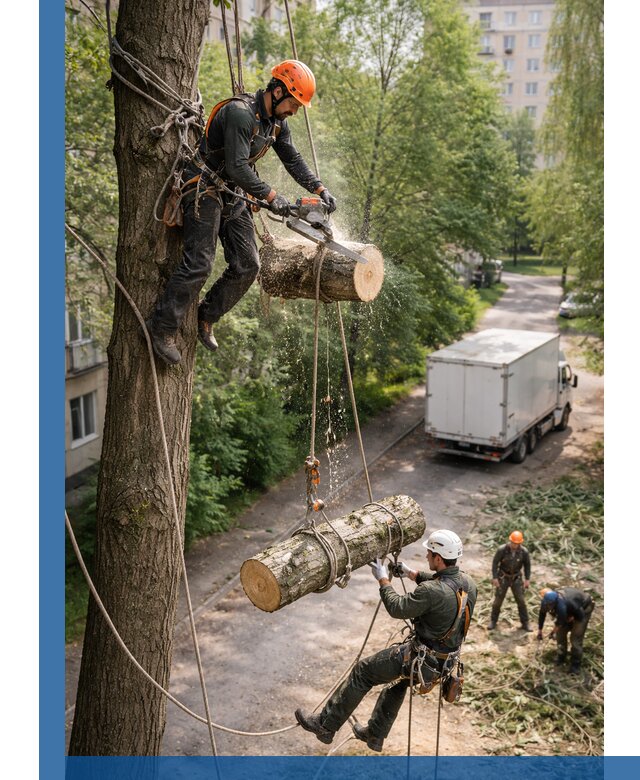 Спил деревьев альпинистами в Ломоносове, безопасно и без повреждений