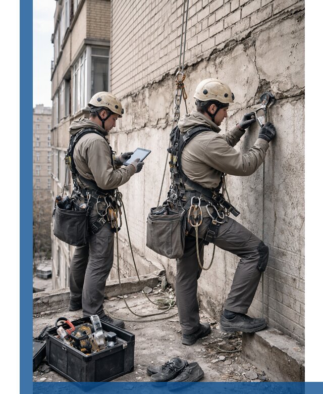 Обследование фасада промышленными альпинистами в Ломоносове