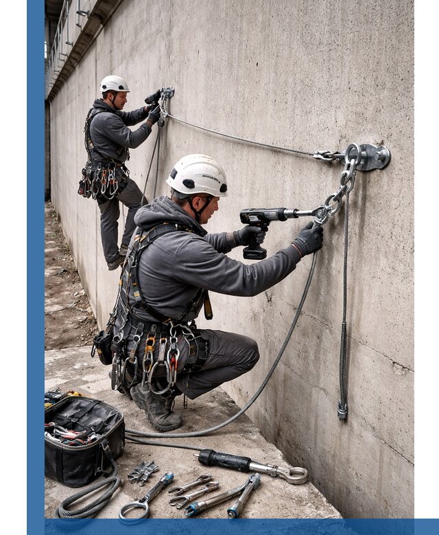 Монтаж анкерных линий высотной безопасности в Ломоносове